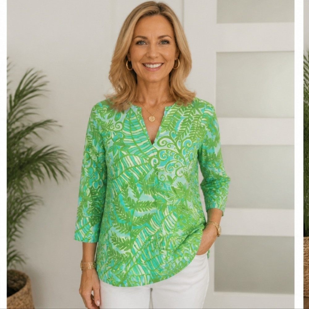Tropical Leaf Print Tunic - Aqua & Lime
